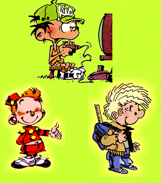 En haut : Kid Paddle de Midam,  gauche : le petit Spirou de Tome et Janry et  droite : Cdric de Cauvin et Laudec